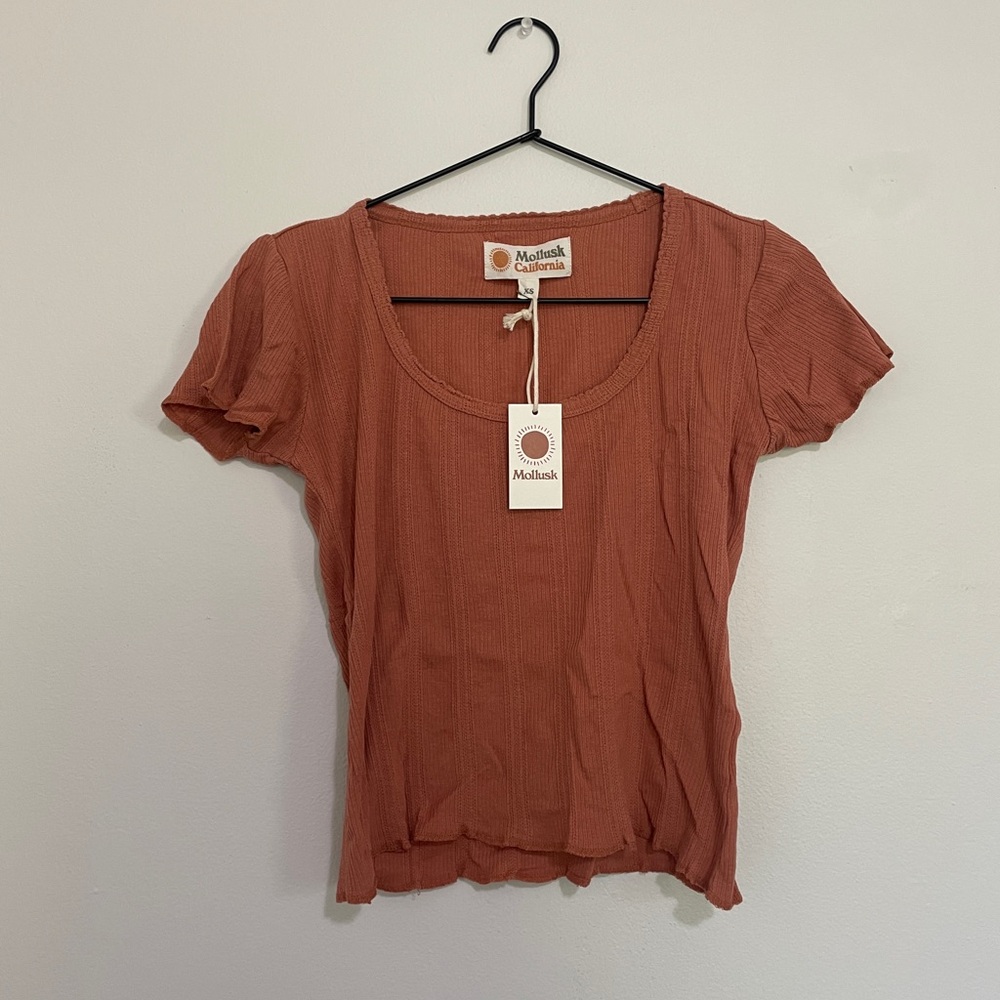 MOLLUSK SURF SHOP Pointelle Short Sleeve Scoop Neck Tee (Red Rock, XS)